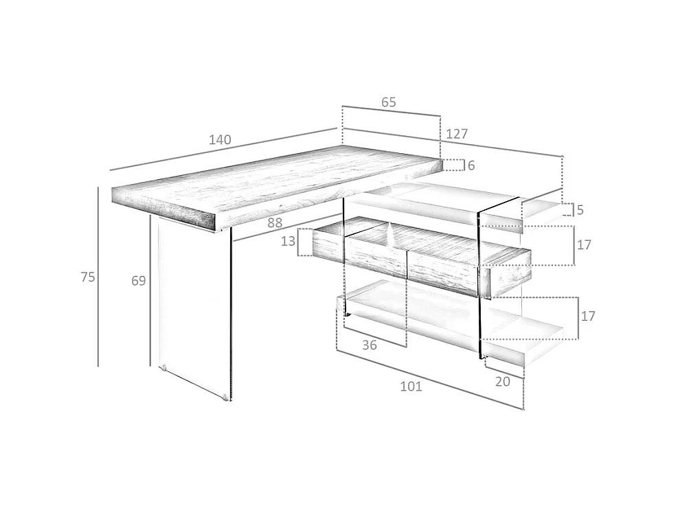 Mesa de escritório com tampo principal, gavetas  3002