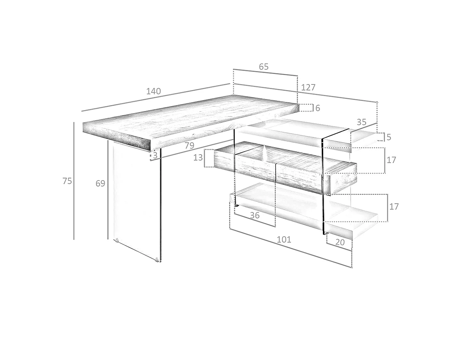 Secretária em madeira branca e vidro temperado 3002 ANGEL CERDA