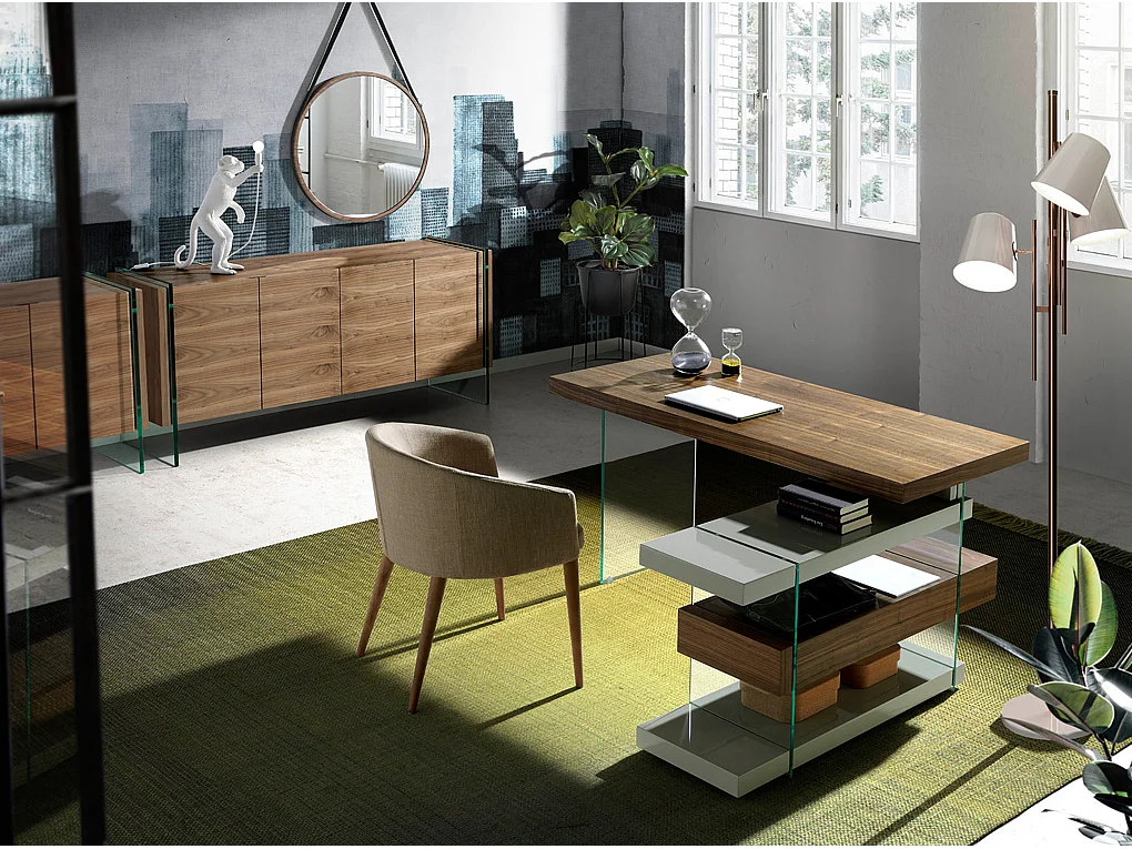 Bureau en bois gris et verre trempé avec plateau en noyer 3003 ANGEL CERDA