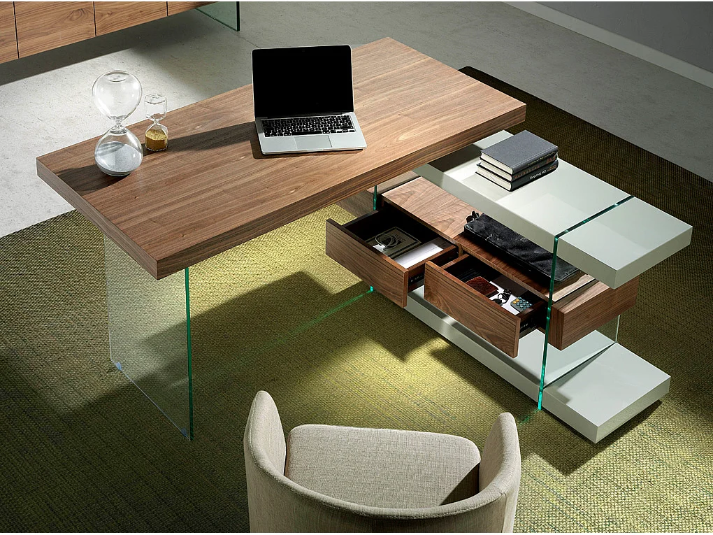 Bureau en bois gris et verre trempé avec plateau en noyer 3003 ANGEL CERDA