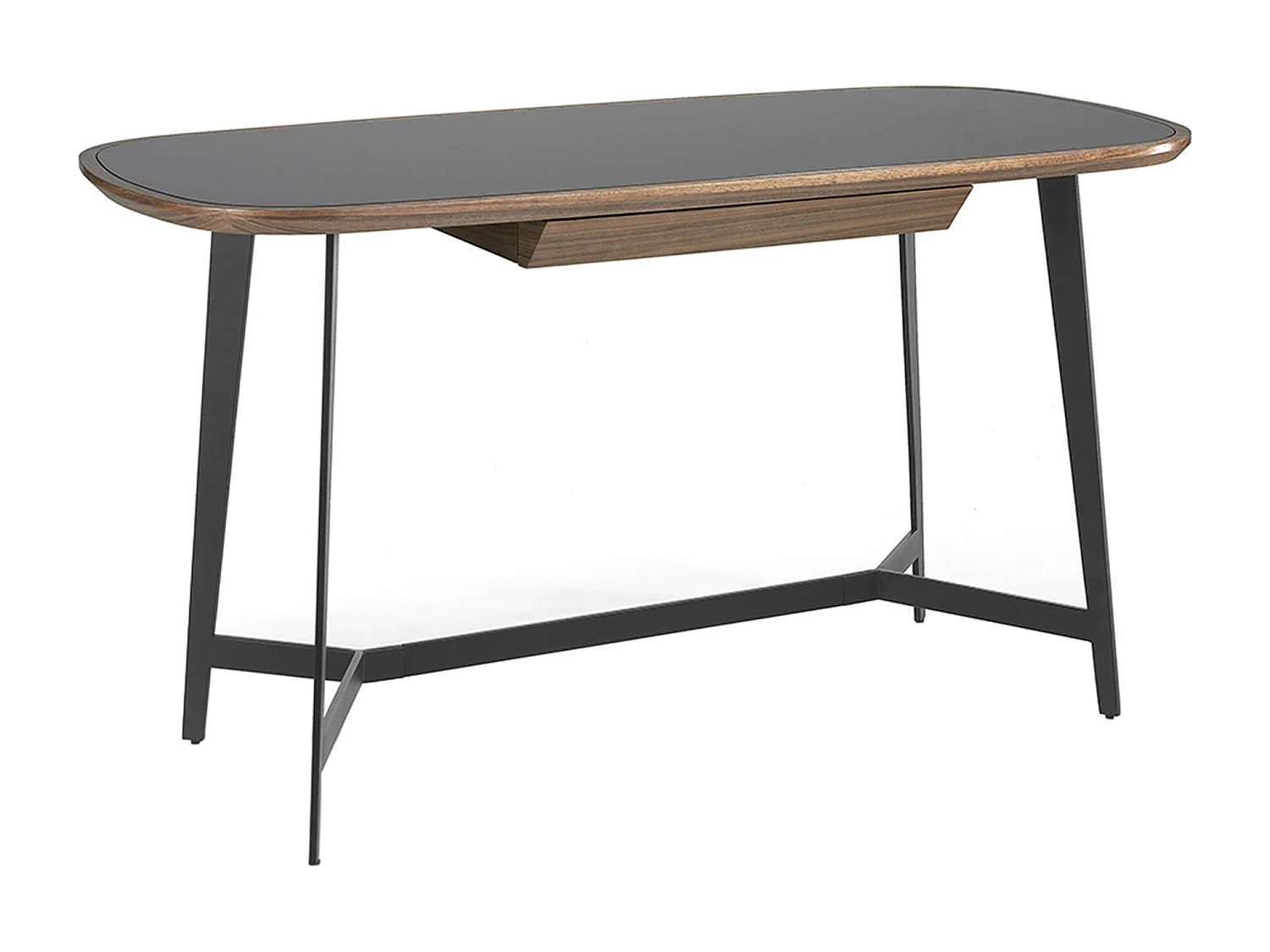 Schrijftafel walnoot en zwart staal met zwart glazen blad 3137 ANGEL CERDA