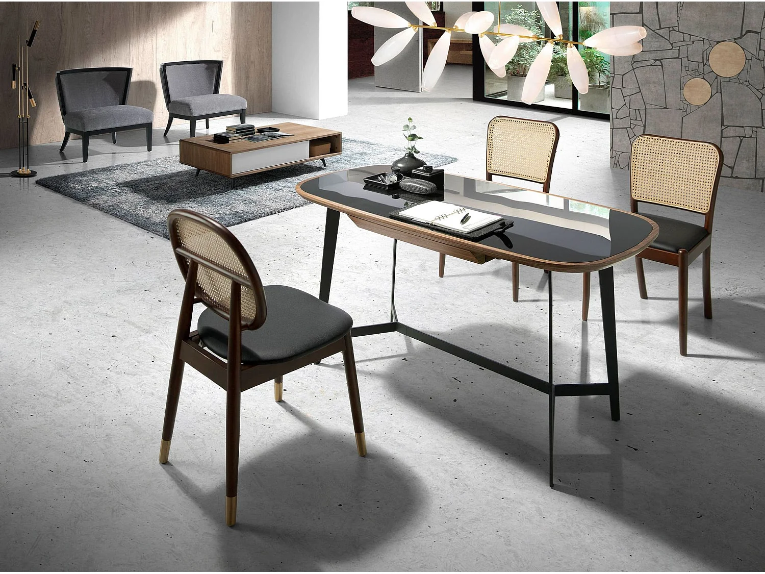 Schreibtisch Nussbaum und schwarzem Stahl mit schwarzer Glasplatte 3137 ANGEL CERDA