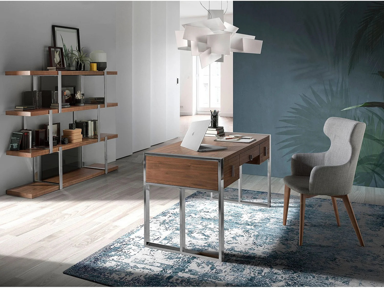 Schreibtisch aus Nussbaum und verchromtem Stahl 3135 ANGEL CERDA