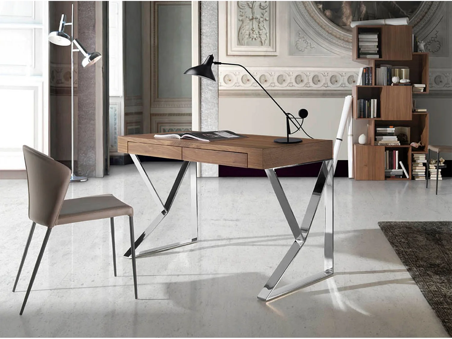 Bureau en noyer et acier chromé 3015 ANGEL CERDA