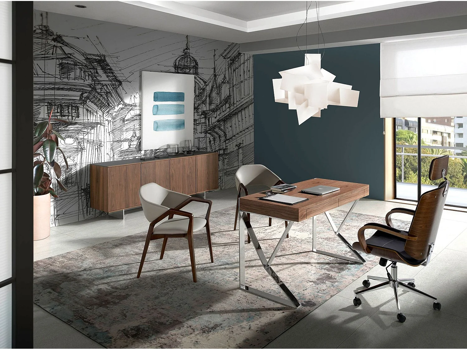 Bureau en noyer et acier chromé 3015 ANGEL CERDA