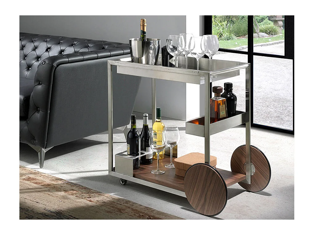 Chariot de minibar en acier poli et bois 3116 ANGEL CERDA