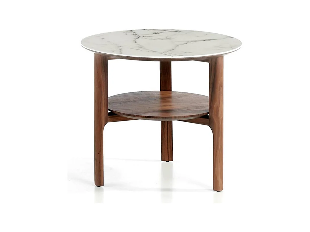 Table d'appoint bois noyer et plateau en marbre céramique blanc Mykal