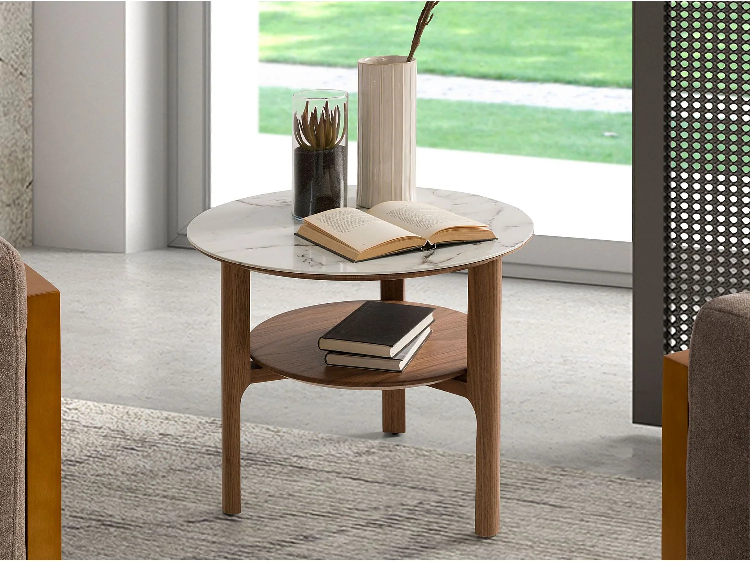 Table d’appoint ronde en verre effet marbre et noyer 2047 ANGEL CERDA