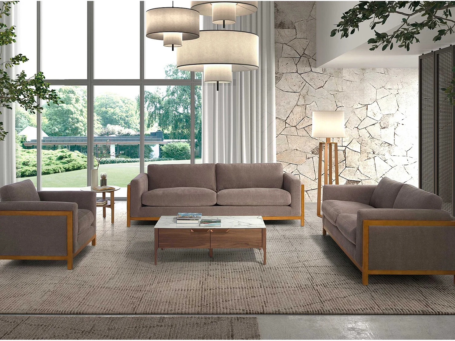 Table d’appoint ronde en verre effet marbre et noyer 2047 ANGEL CERDA