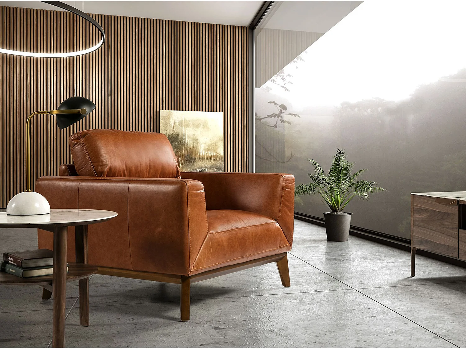 Table d’appoint ronde en verre effet marbre et noyer 2047 ANGEL CERDA