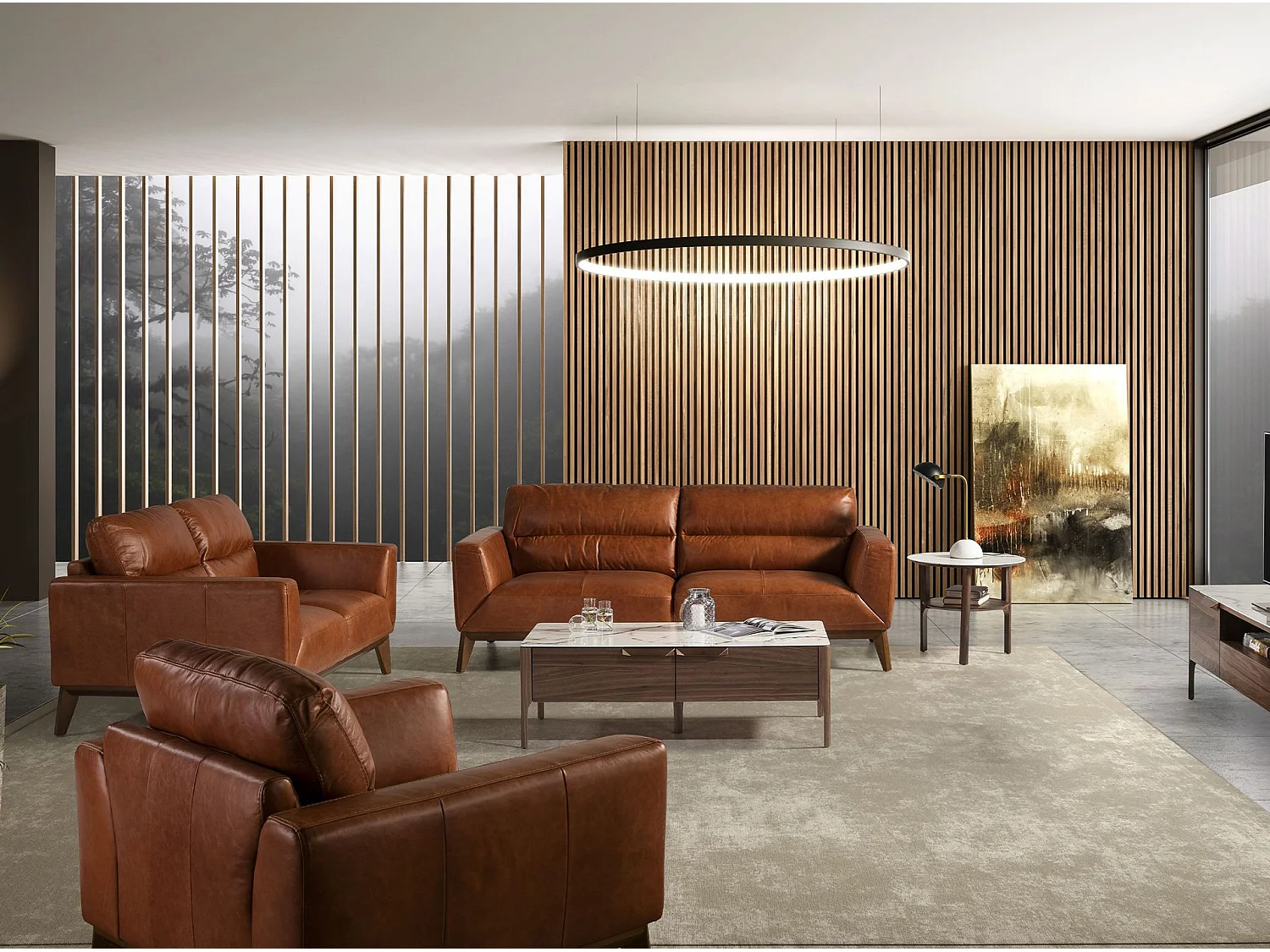 Table d’appoint ronde en verre effet marbre et noyer 2047 ANGEL CERDA