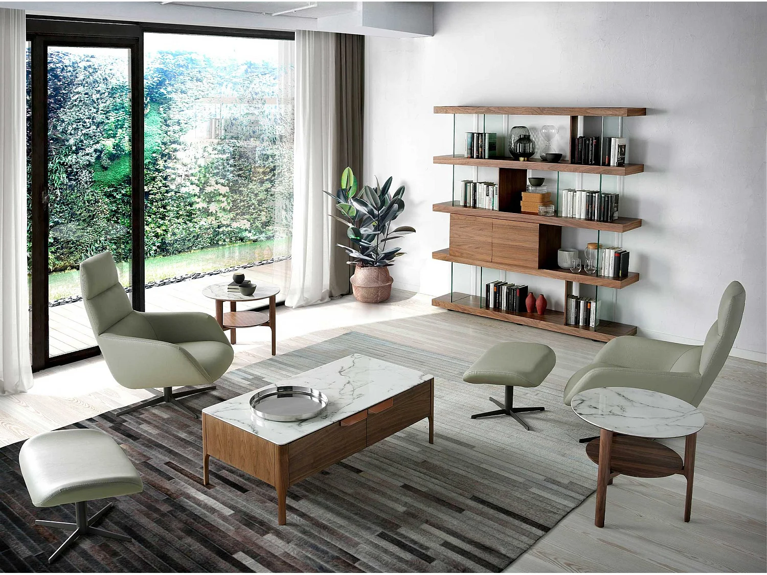 Table d’appoint ronde en verre effet marbre et noyer 2047 ANGEL CERDA