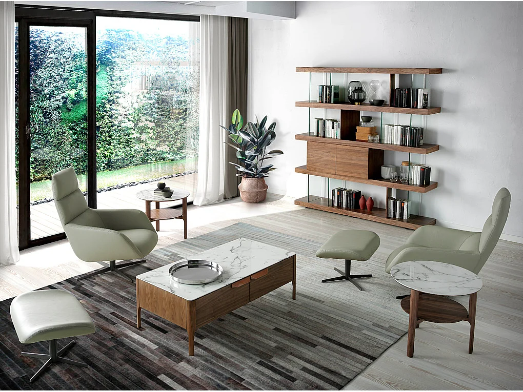 Runder Beistelltisch aus Glas in Marmoroptik und Nussbaum 2047 ANGEL CERDA