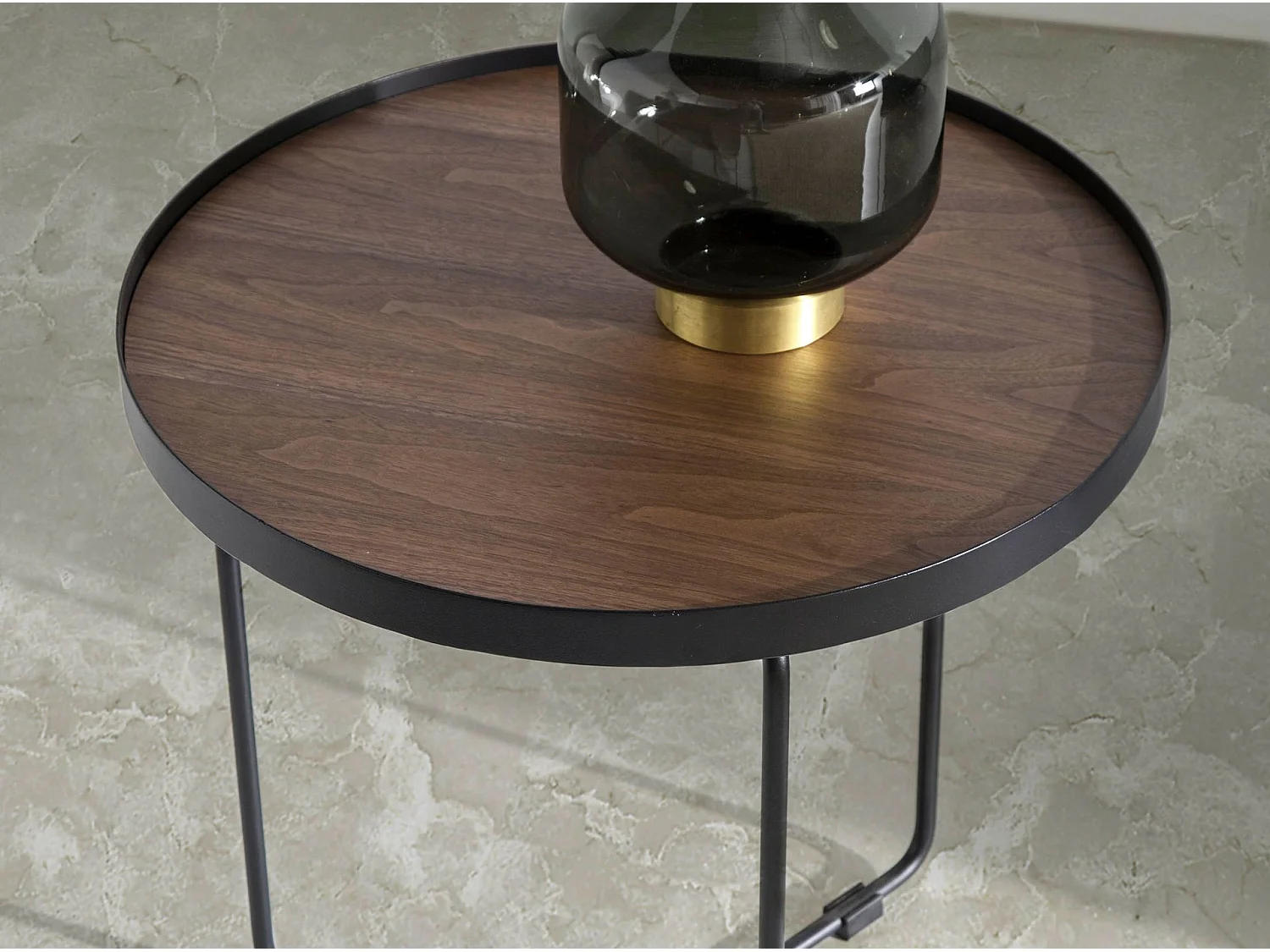 Table d'angle ronde en noyer et acier noir 2028 ANGEL CERDA
