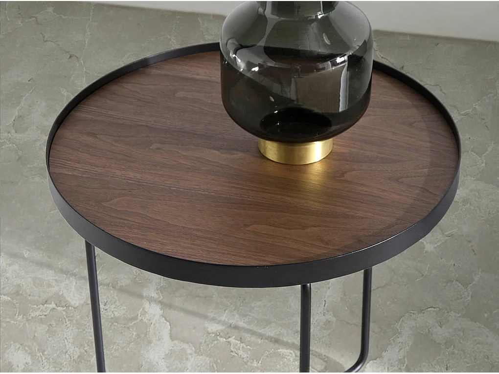 Table d'angle ronde en noyer et acier noir 2028 ANGEL CERDA
