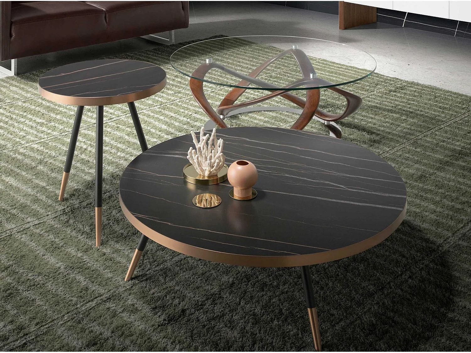 Table d'angle ronde en marbre porcelaine et acier noir 2069 ANGEL CERDA