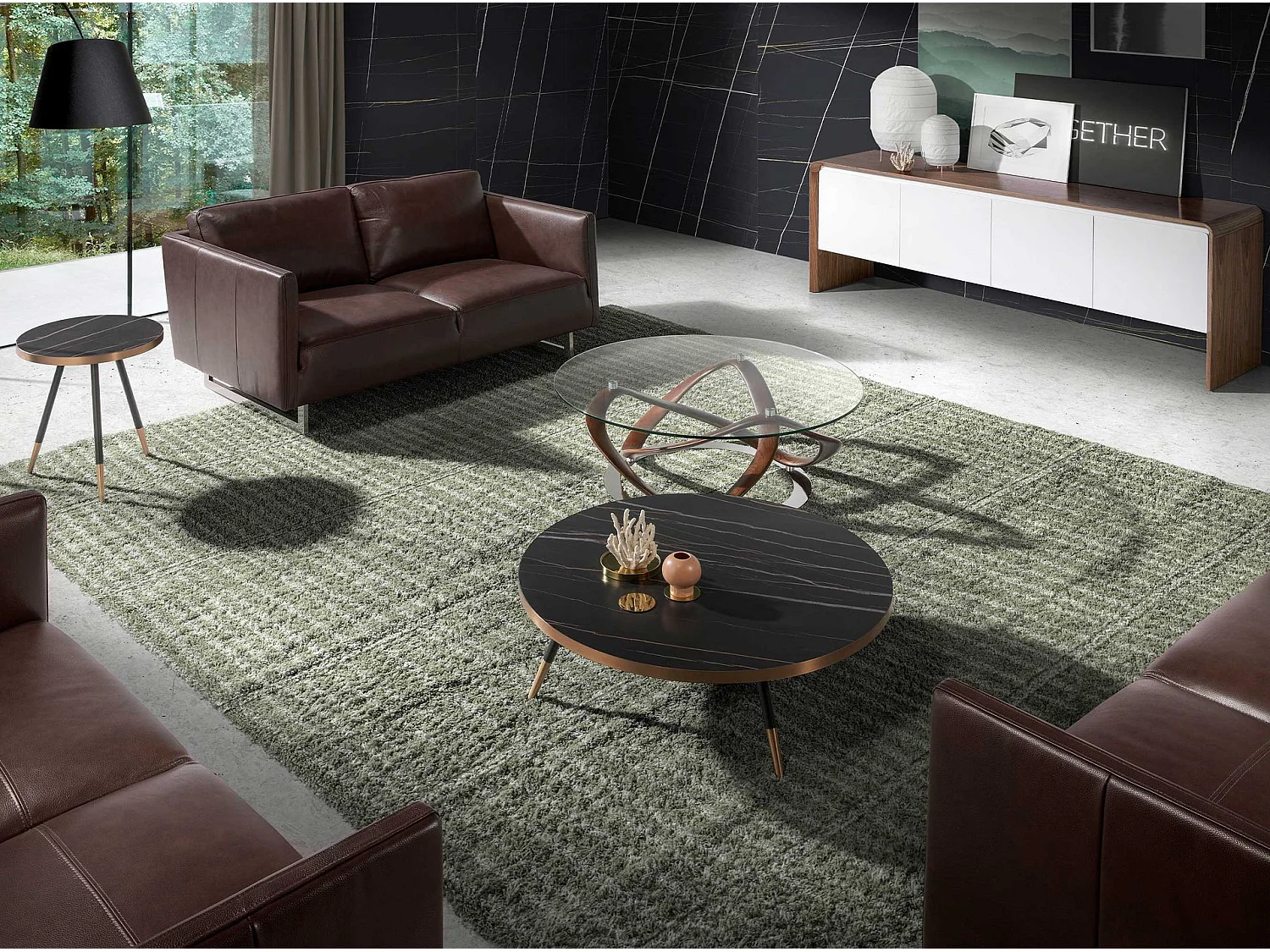 Table d'angle ronde en marbre porcelaine et acier noir 2069 ANGEL CERDA
