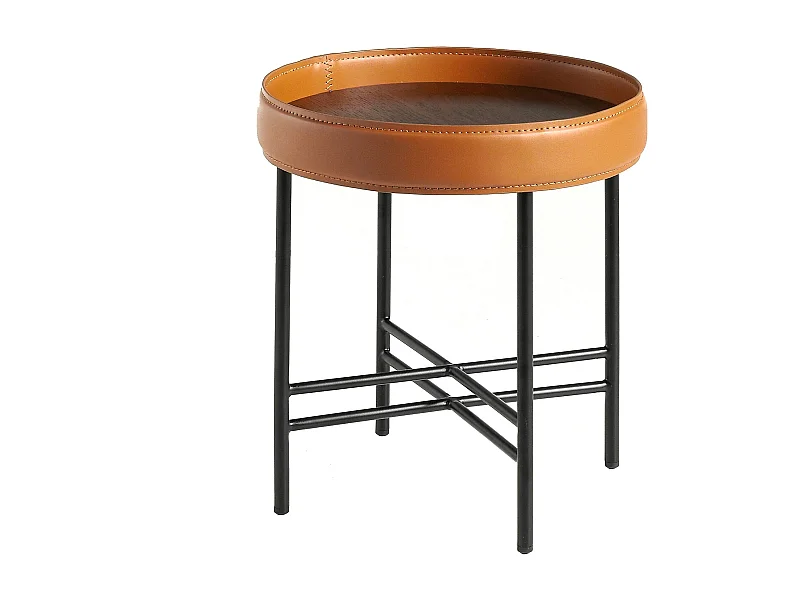 Table d'angle ronde en simili cuir, noyer et acier noir