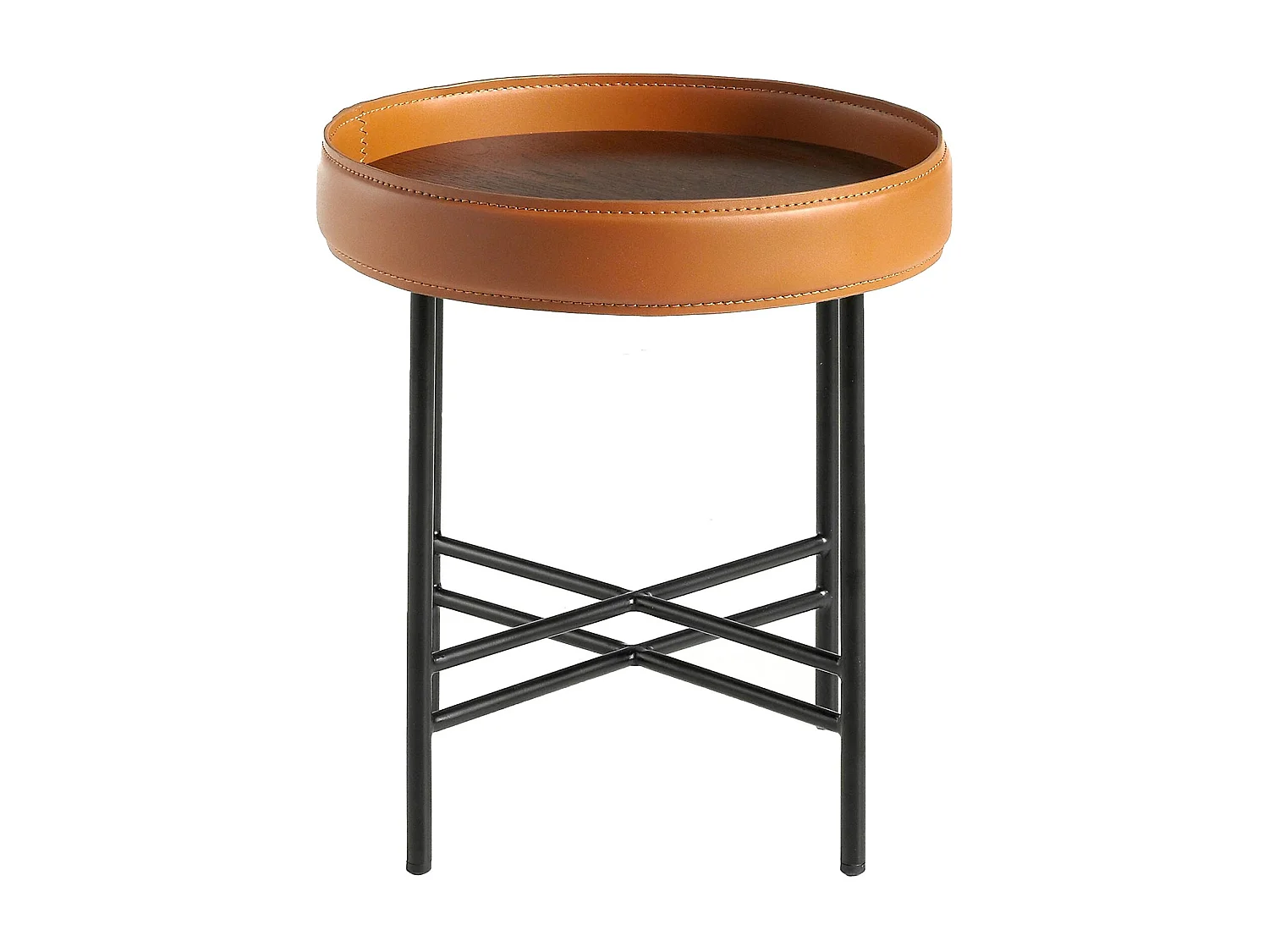Table d'angle ronde en simili cuir, noyer et acier noir