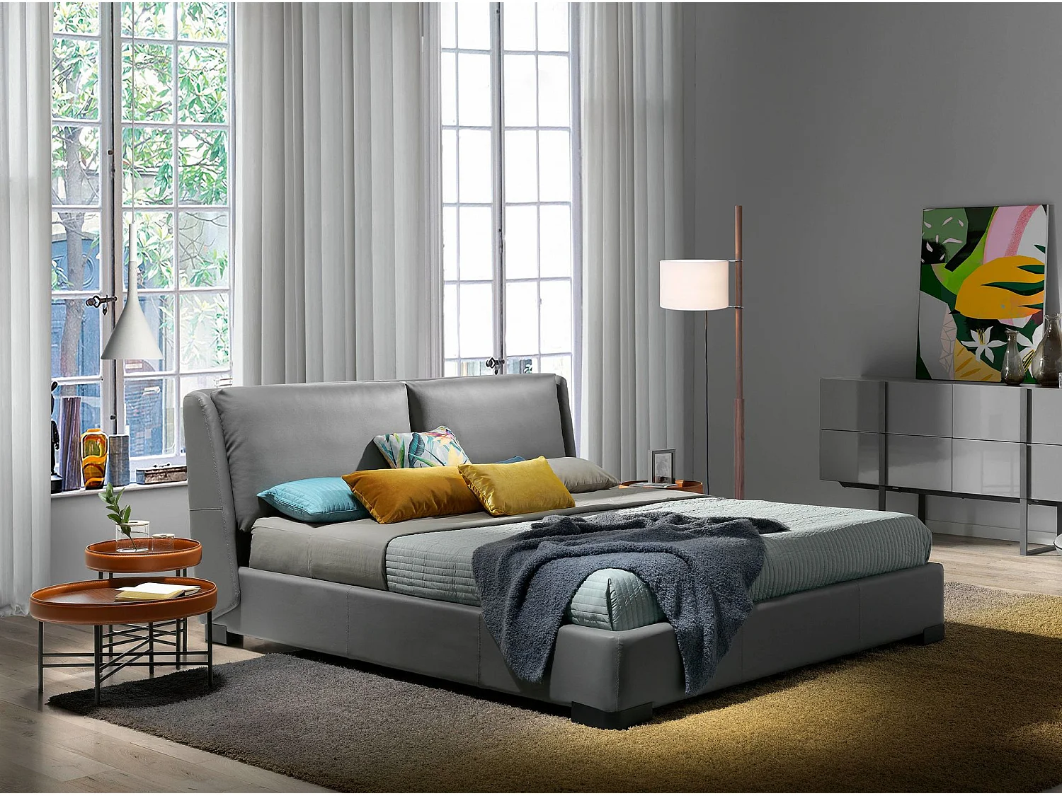 Table d'angle ronde en simili cuir, noyer et acier noir