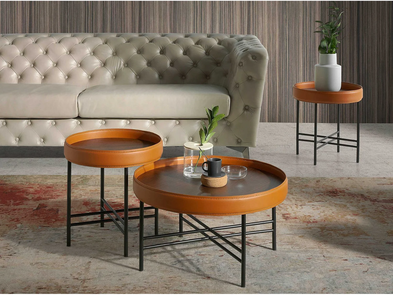 Table d'angle ronde en simili cuir, noyer et acier noir