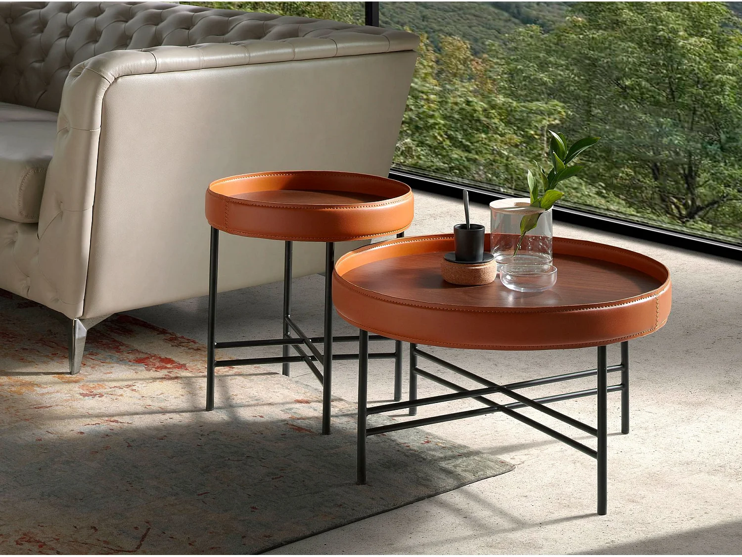 Table d'angle ronde en simili cuir, noyer et acier noir