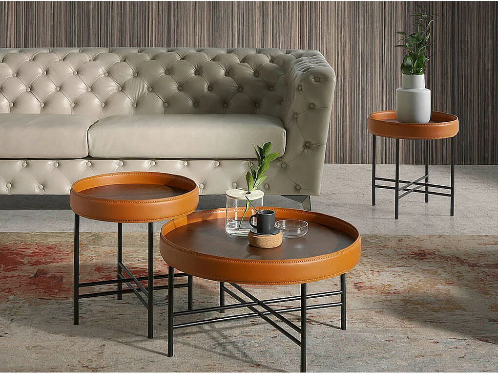 Table d'angle ronde en simili cuir, noyer et acier noir 2059 ANGEL CERDA