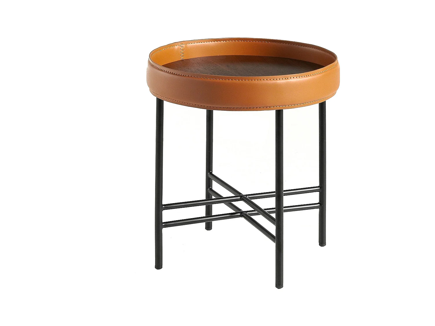 Table d'angle ronde en simili cuir, noyer et acier noir