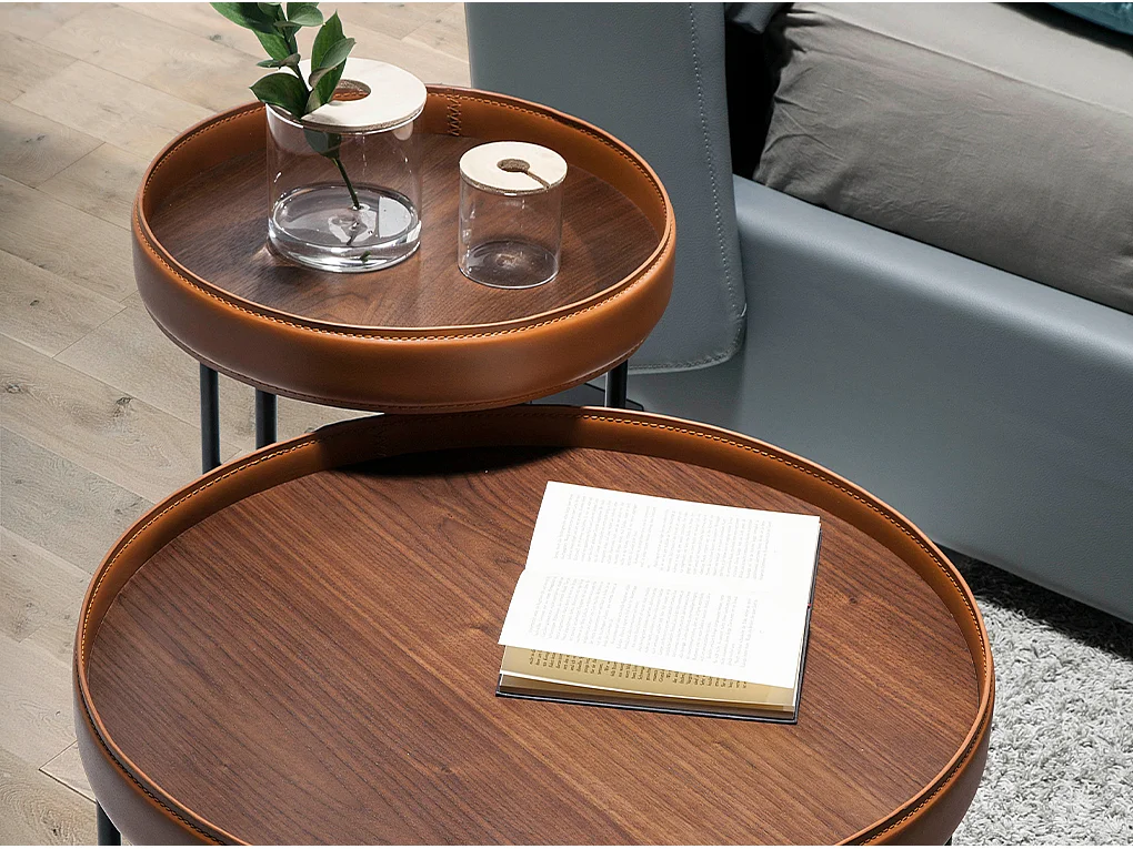 Table d'angle ronde en simili cuir, noyer et acier noir 2059 ANGEL CERDA