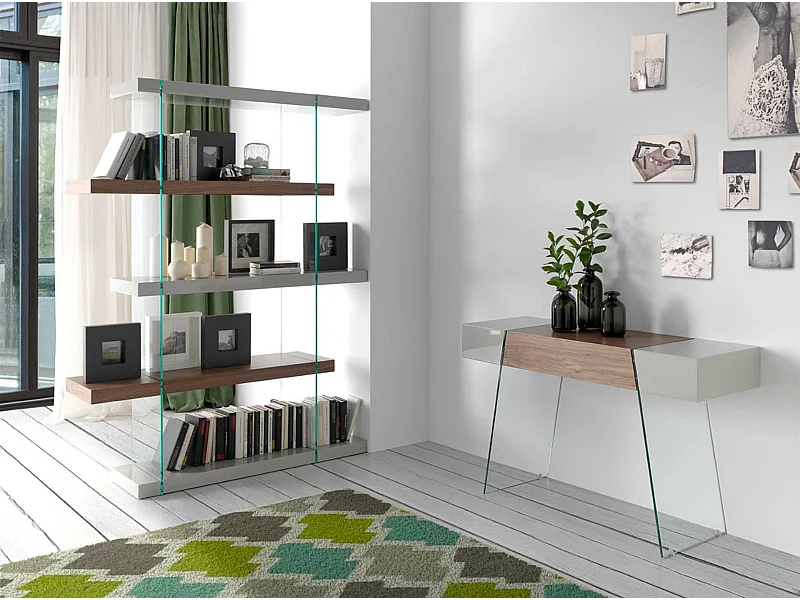 Console rectangulaire en bois gris, noyer et verre trempé 3029 ANGEL CERDA