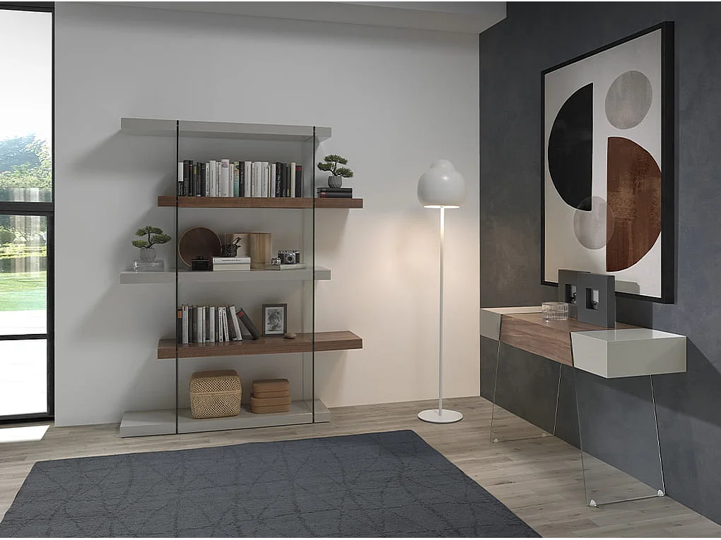 Console rectangulaire en bois gris, noyer et verre trempé 3029 ANGEL CERDA