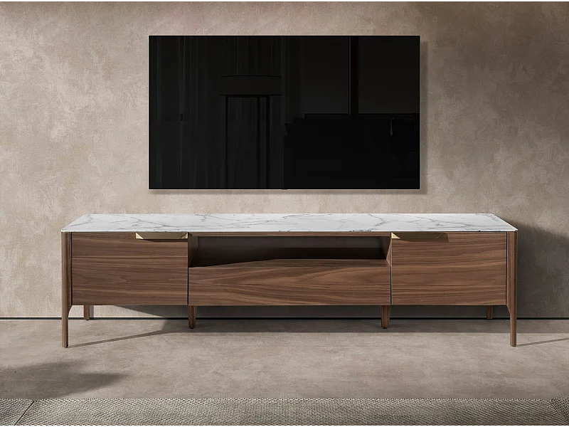 Meuble TV en noyer avec plateau en verre imitation marbre 3078 ANGEL CERDA