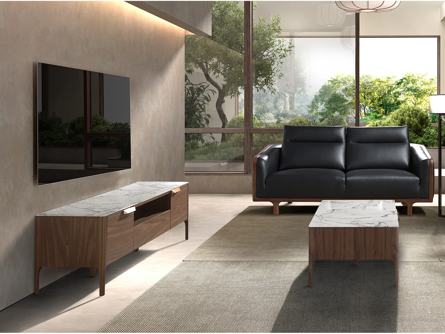 Stojak TV z orzecha włoskiego z blatem imitującym marmur 3078 ANGEL CERDA