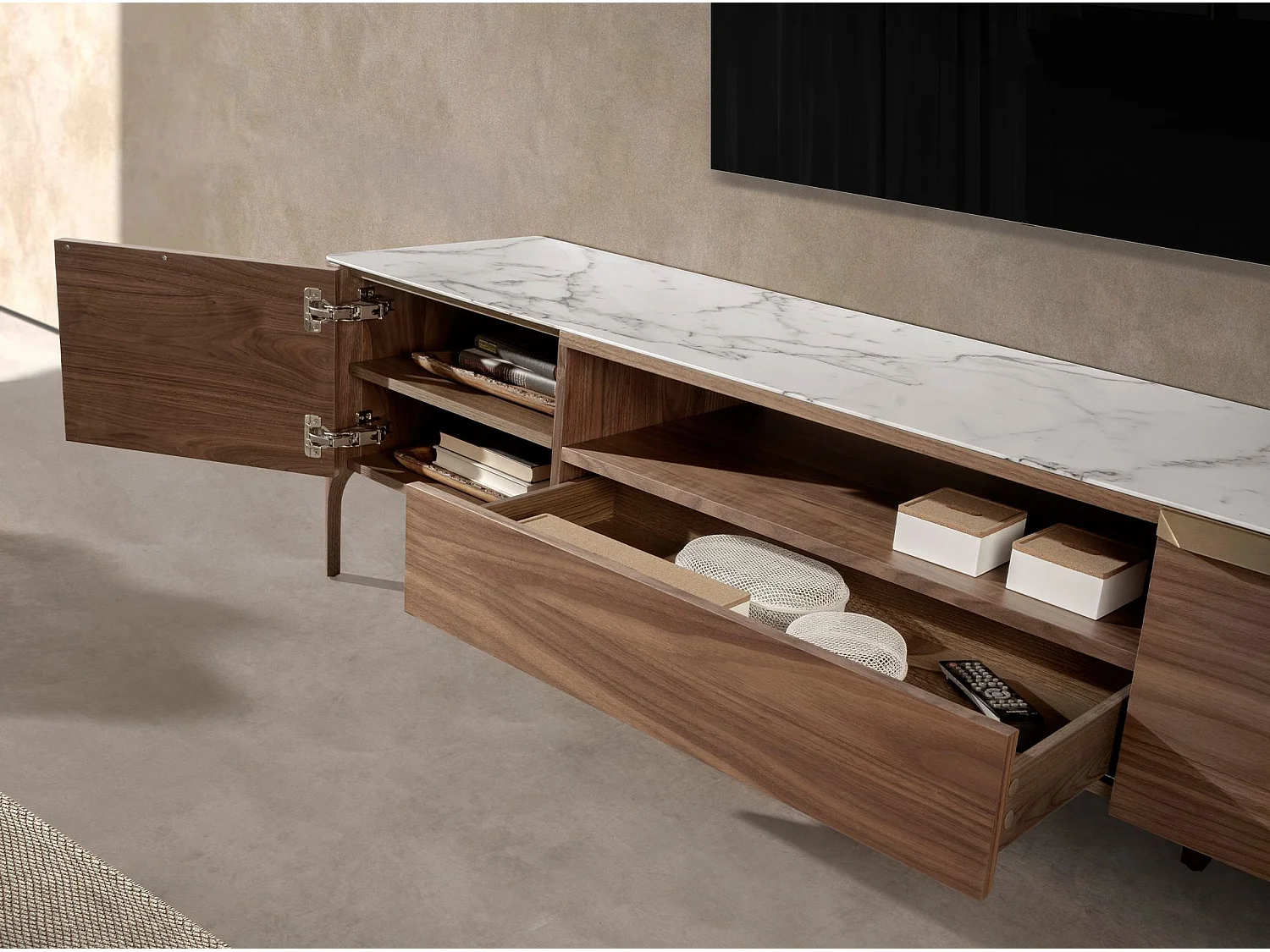 Mesa de TV em nogueira com tampo de vidro a imitar mármore 3078 ANGEL CERDA