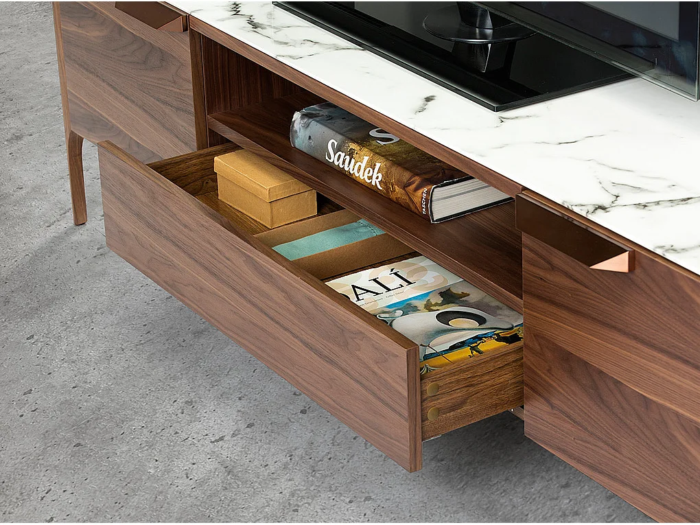 Mesa de TV em nogueira com tampo de vidro a imitar mármore 3078 ANGEL CERDA