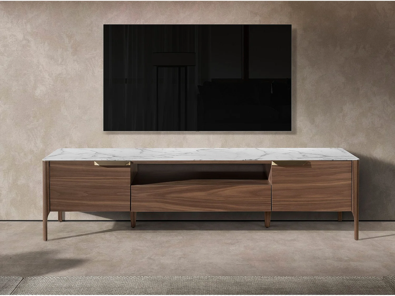 Porta TV in noce con piano in vetro a imitazione del marmo 3078 ANGEL CERDA