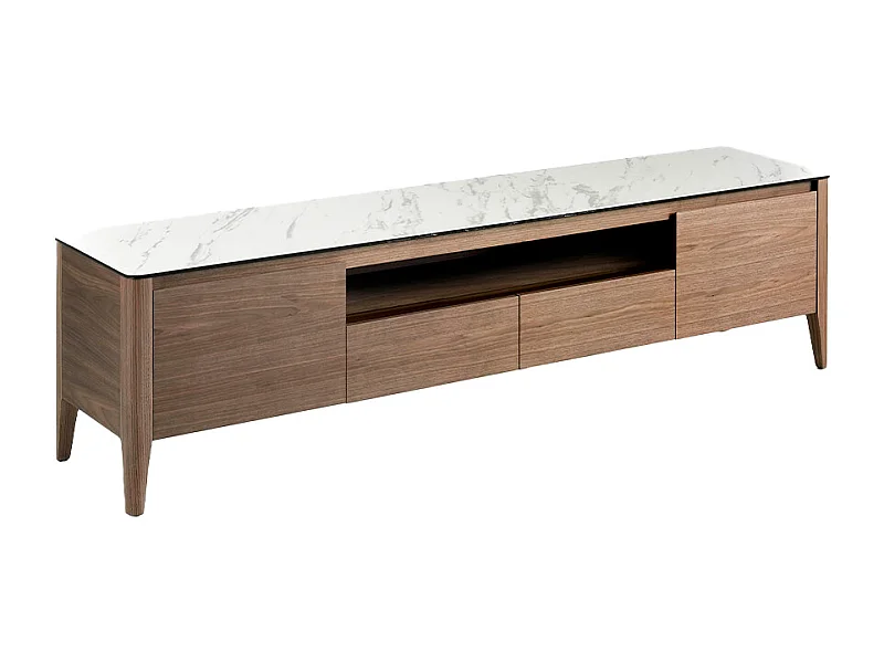 Meuble TV en noyer avec plateau en verre imitation marbre 3083 ANGEL CERDA