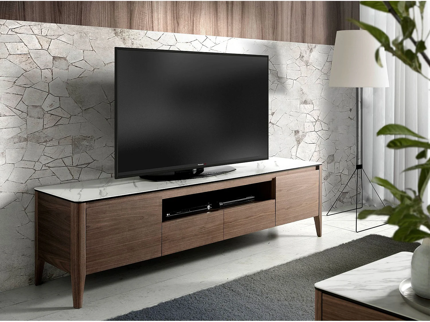 Meuble TV en noyer avec plateau en verre imitation marbre 3083 ANGEL CERDA