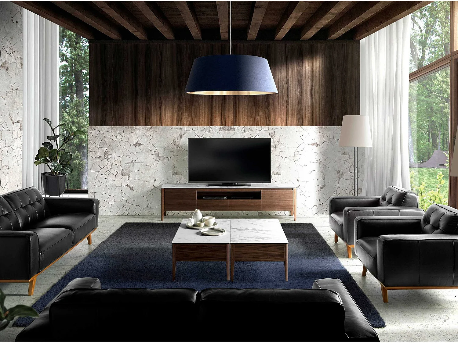 Meuble TV en noyer avec plateau en verre imitation marbre 3083 ANGEL CERDA