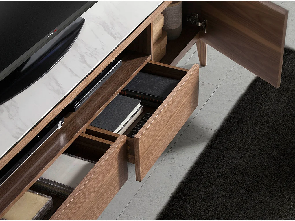 Meuble TV en noyer avec plateau en verre imitation marbre 3083 ANGEL CERDA