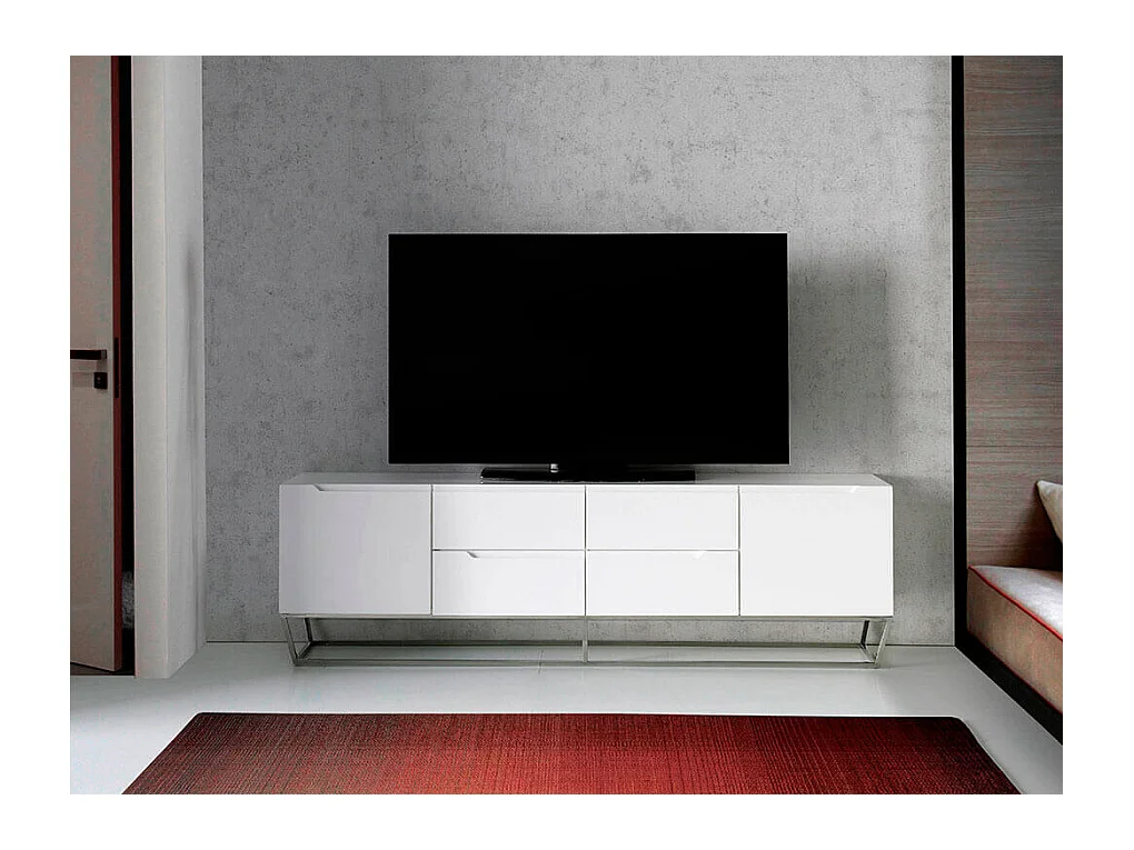 Meuble TV en bois blanc et acier chromé