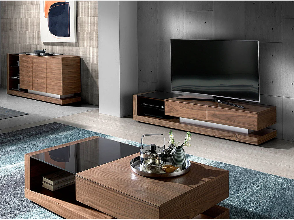 Meuble TV noyer, acier poli et plateau en verre noir 3139 ANGEL CERDA