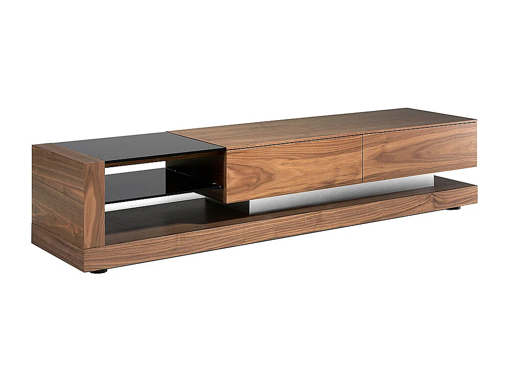 Meuble TV noyer, acier poli et plateau en verre noir 3139 ANGEL CERDA