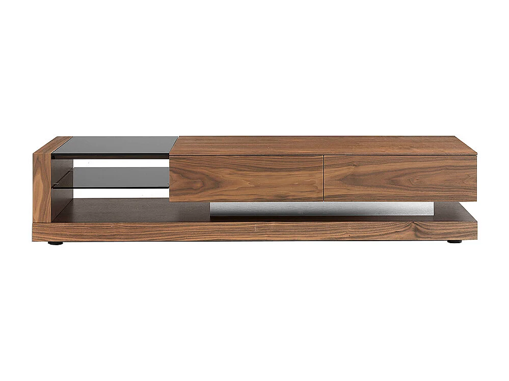 Meuble TV noyer, acier poli et plateau en verre noir 3139 ANGEL CERDA