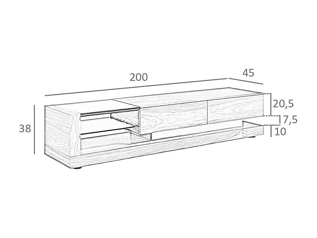 Meuble TV noyer, acier poli et plateau en verre noir 3139 ANGEL CERDA