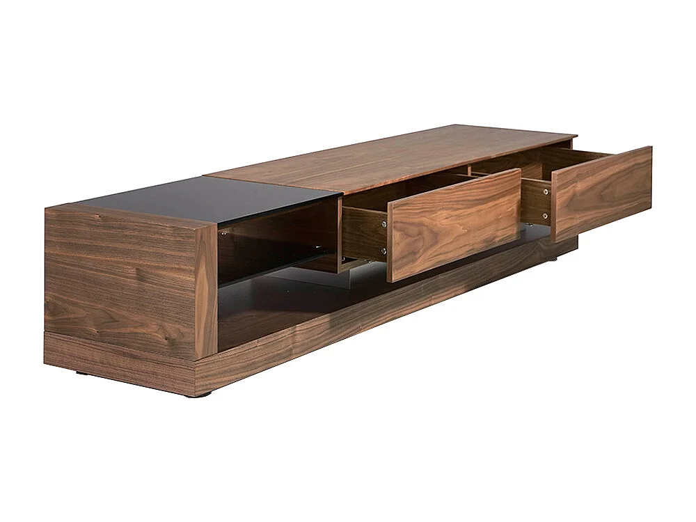 Meuble TV noyer, acier poli et plateau en verre noir 3139 ANGEL CERDA