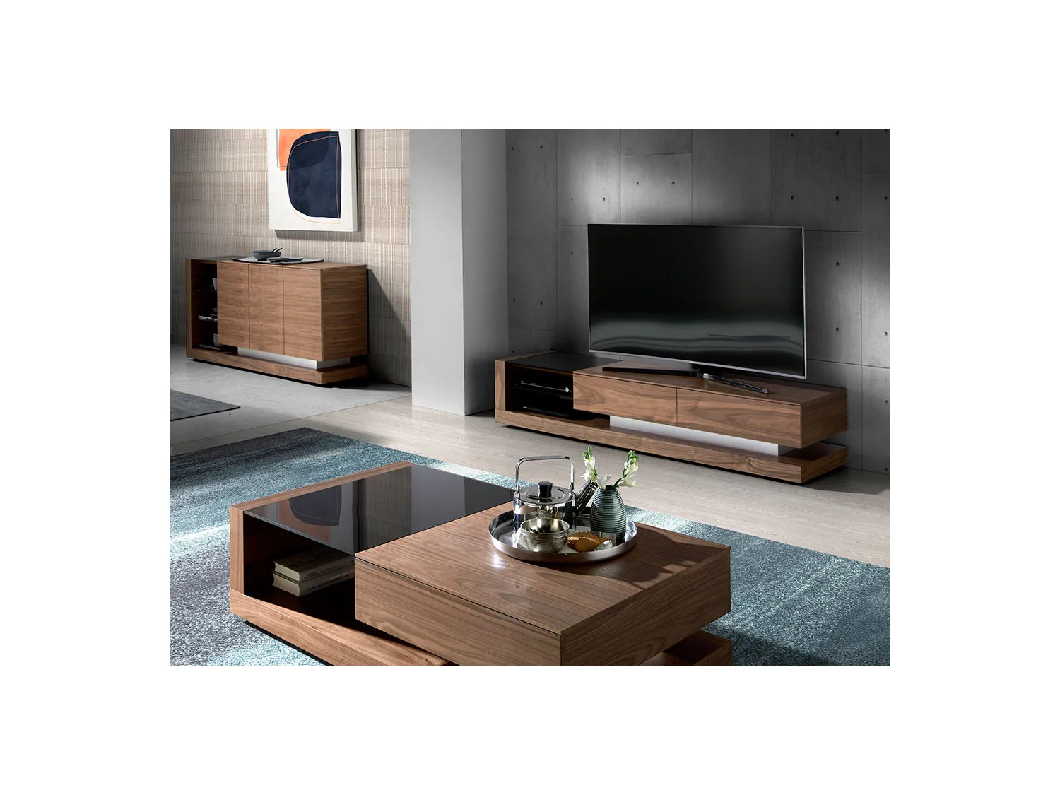 Meuble TV en noyer et vitrail noir 3139 ANGEL CERDA