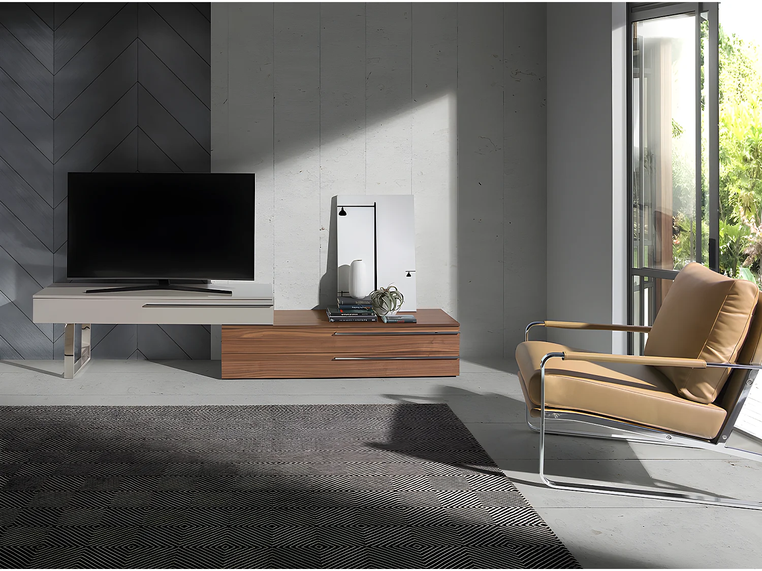 Szafka pod telewizor z beżowego drewna, orzecha włoskiego i chromowanej stali