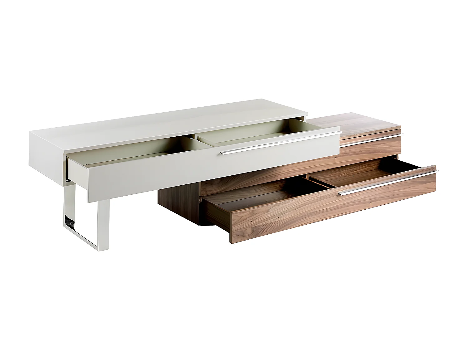 Szafka pod telewizor z beżowego drewna, orzecha włoskiego i chromowanej stali