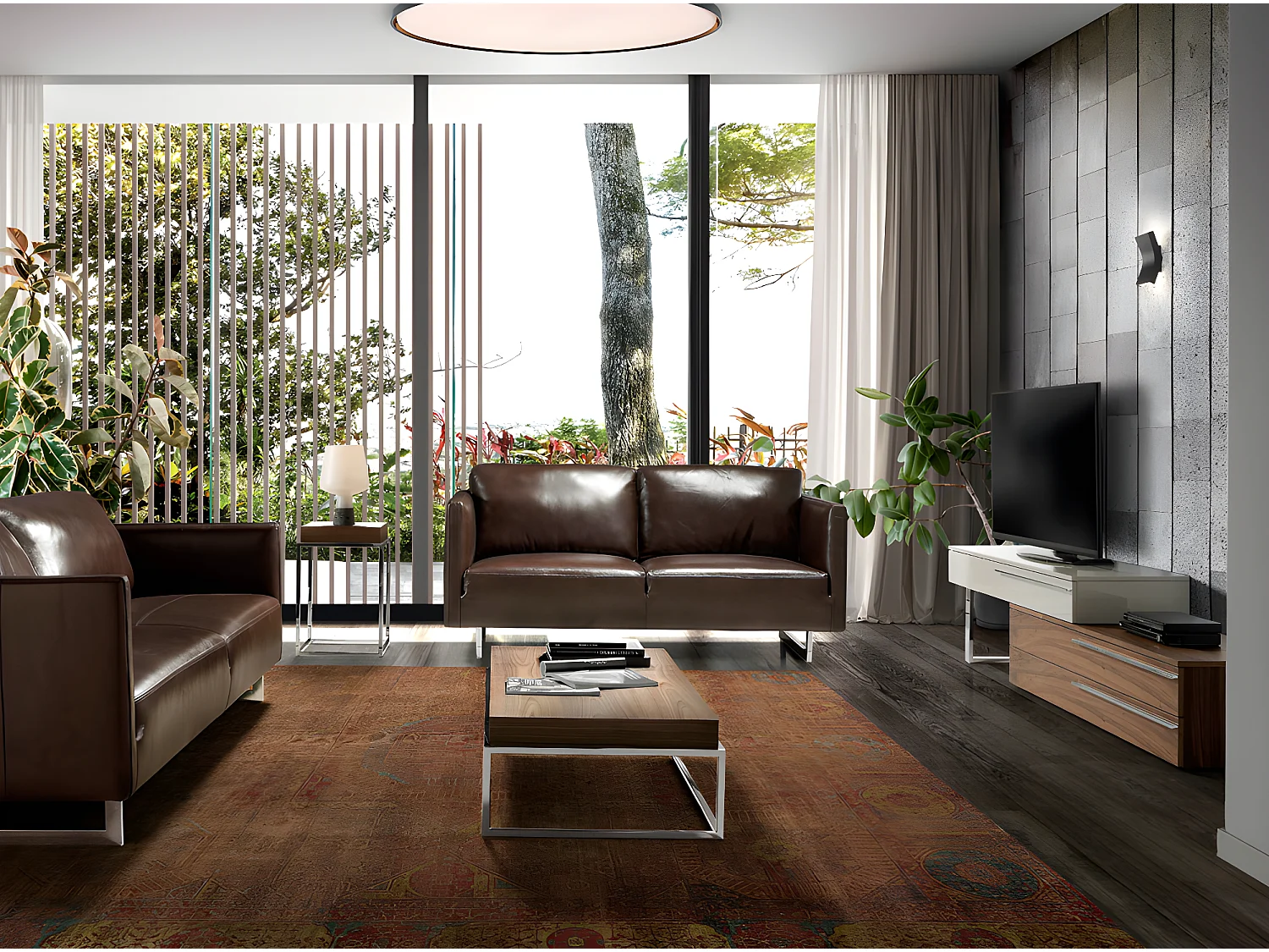 Szafka pod telewizor z beżowego drewna, orzecha włoskiego i chromowanej stali